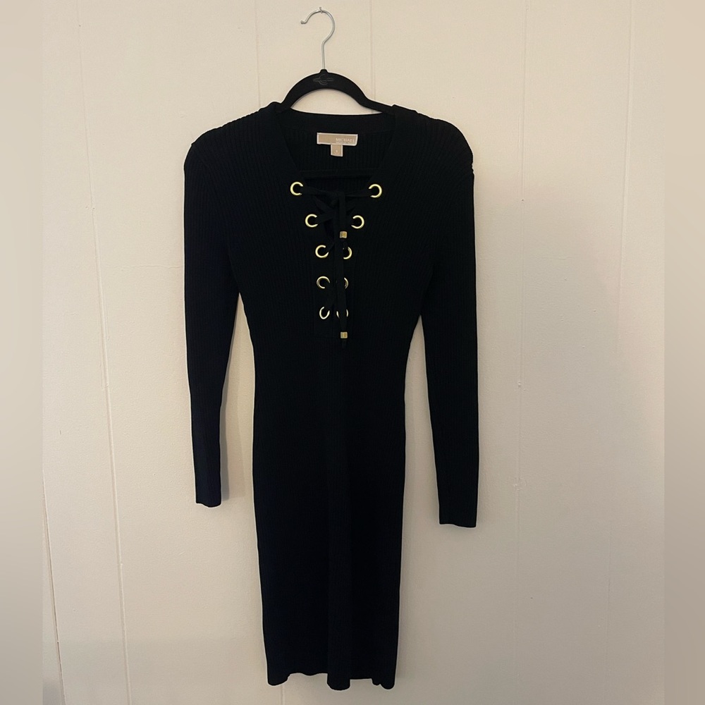 MICHAEL KORS Black Knitted Midi Dress Size Small